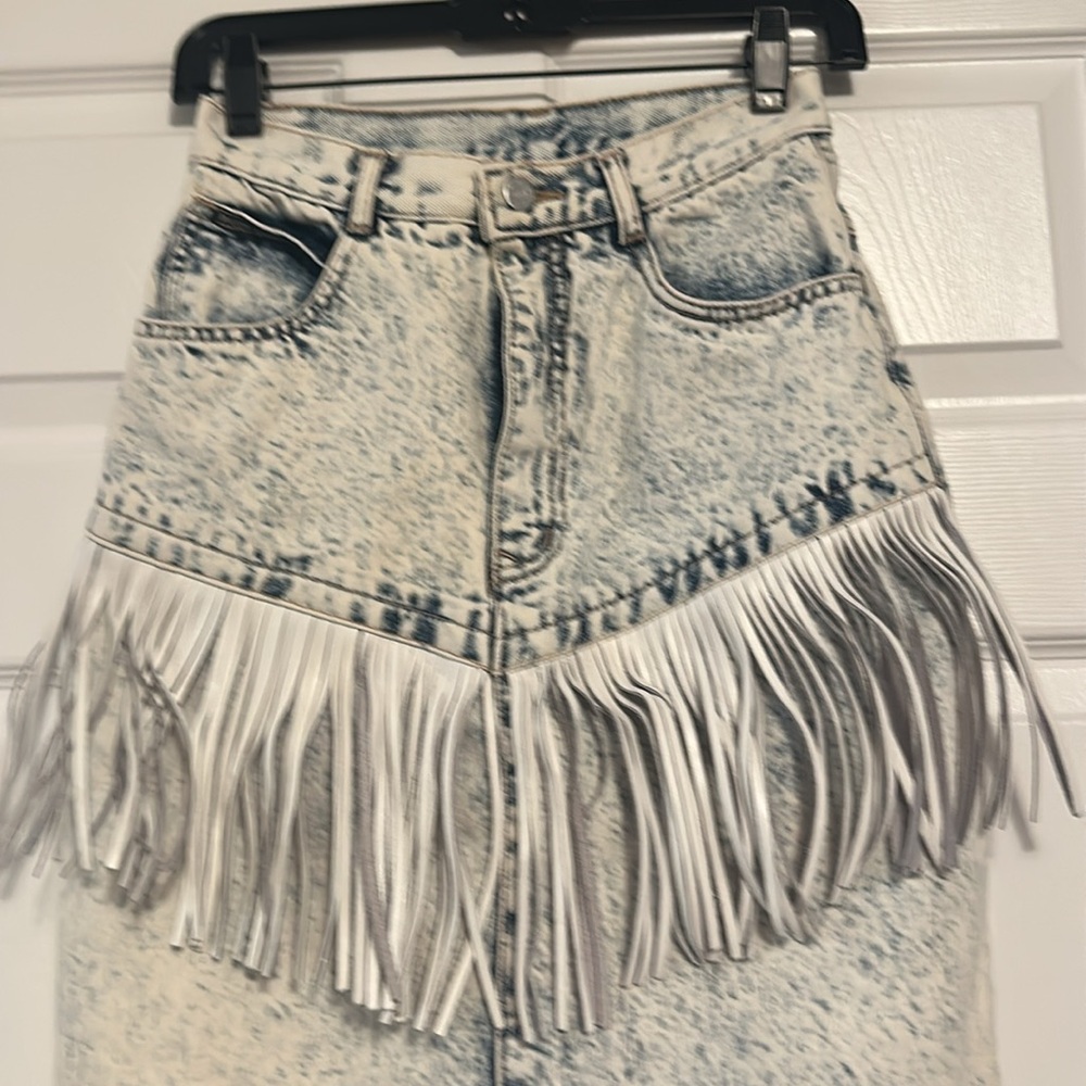Vtg Paris Express Acid Wash Denim Fringe Skirt - Picture 2 of 6